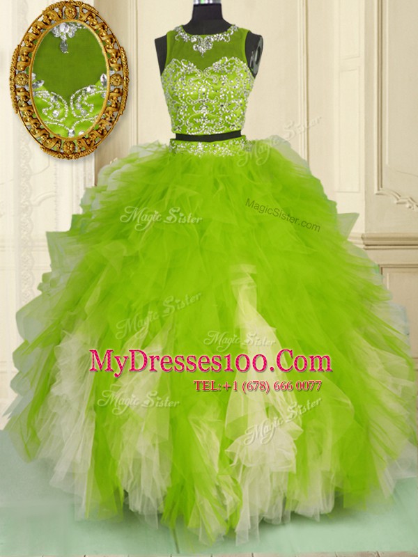 Scoop Sleeveless Beading and Ruffles Zipper Quince Ball Gowns