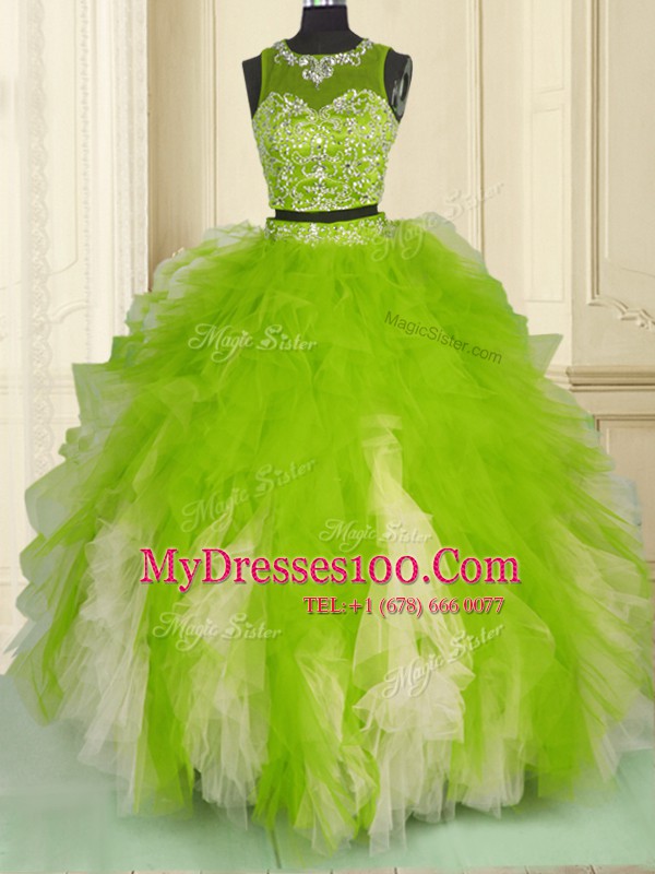 Scoop Sleeveless Beading and Ruffles Zipper Quince Ball Gowns