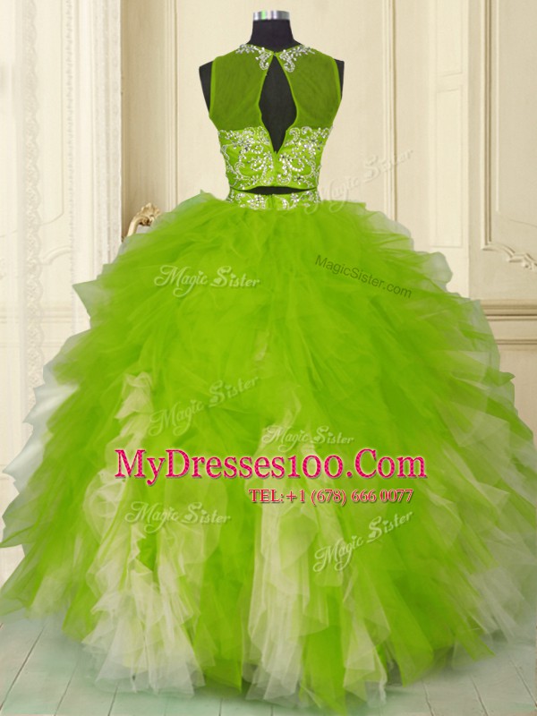 Scoop Sleeveless Beading and Ruffles Zipper Quince Ball Gowns