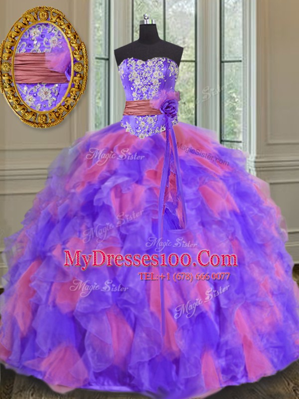 Custom Made Multi-color Organza Lace Up 15 Quinceanera Dress Sleeveless Floor Length Beading and Appliques and Ruffles and Sashes ribbons and Hand Made Flower
