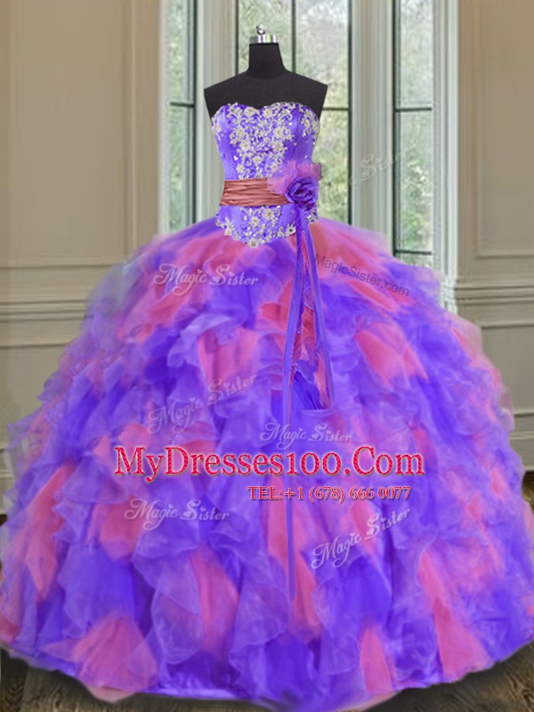 Custom Made Multi-color Organza Lace Up 15 Quinceanera Dress Sleeveless Floor Length Beading and Appliques and Ruffles and Sashes ribbons and Hand Made Flower