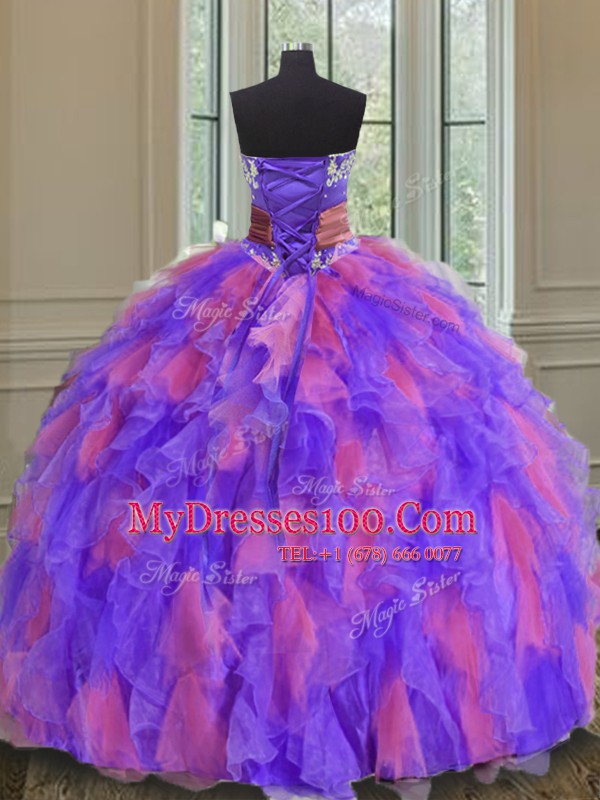 Custom Made Multi-color Organza Lace Up 15 Quinceanera Dress Sleeveless Floor Length Beading and Appliques and Ruffles and Sashes ribbons and Hand Made Flower