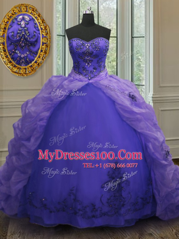 Sleeveless Court Train Beading and Appliques and Pick Ups Lace Up 15 Quinceanera Dress