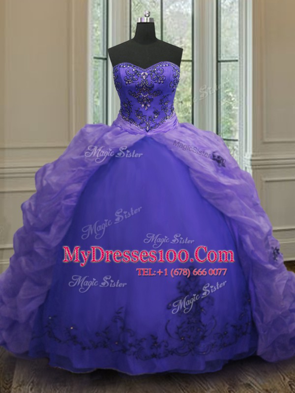 Sleeveless Court Train Beading and Appliques and Pick Ups Lace Up 15 Quinceanera Dress