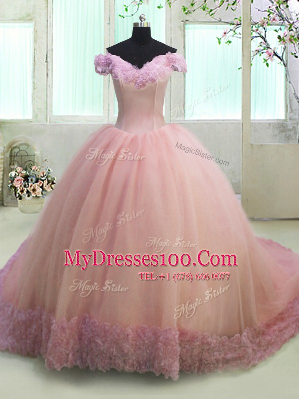 Sophisticated Off the Shoulder Pink Short Sleeves Organza Court Train Lace Up Quinceanera Gown for Military Ball and Sweet 16 and Quinceanera