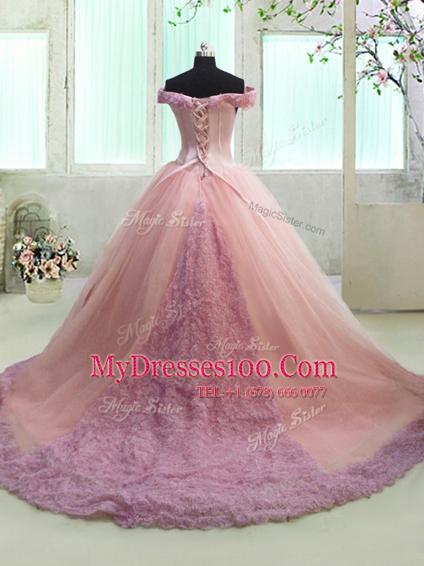 Sophisticated Off the Shoulder Pink Short Sleeves Organza Court Train Lace Up Quinceanera Gown for Military Ball and Sweet 16 and Quinceanera