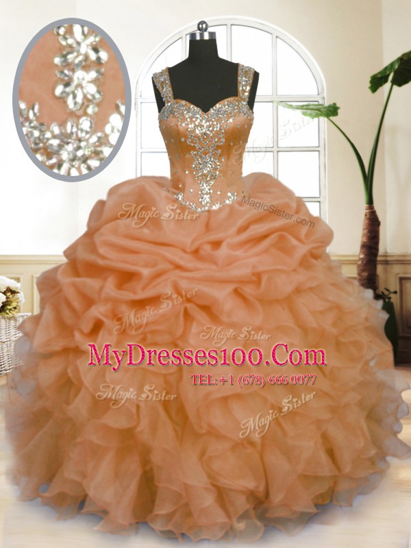 Organza Straps Sleeveless Zipper Beading and Ruffles and Pick Ups Quinceanera Gowns in Orange