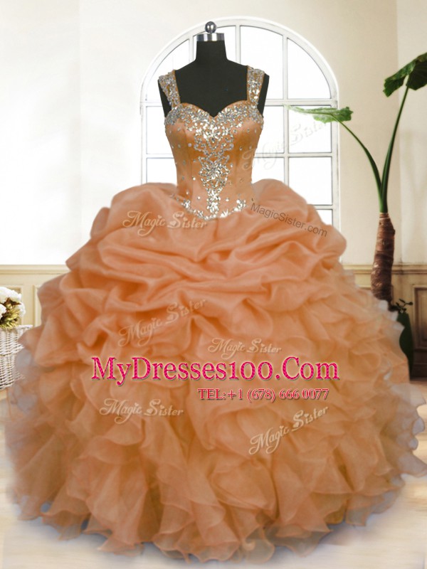 Organza Straps Sleeveless Zipper Beading and Ruffles and Pick Ups Quinceanera Gowns in Orange
