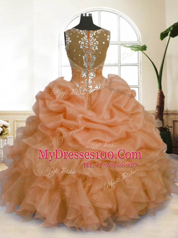 Organza Straps Sleeveless Zipper Beading and Ruffles and Pick Ups Quinceanera Gowns in Orange