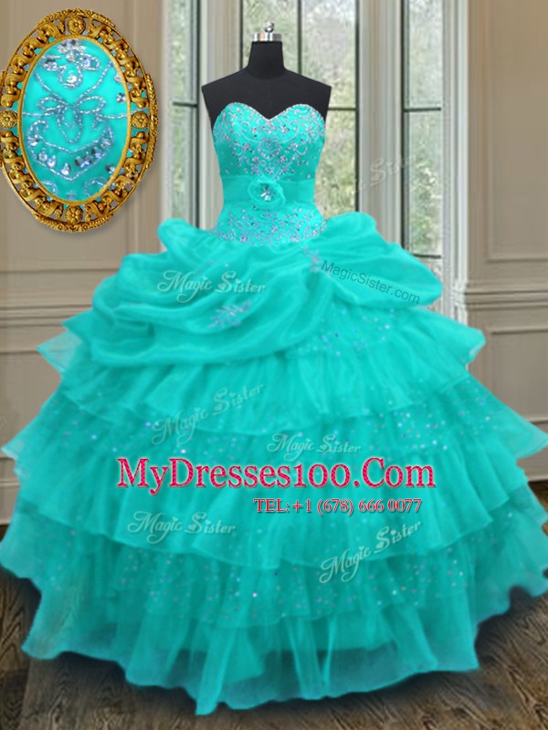 Floor Length Aqua Blue Quinceanera Dress Organza Sleeveless Beading and Ruffled Layers and Pick Ups