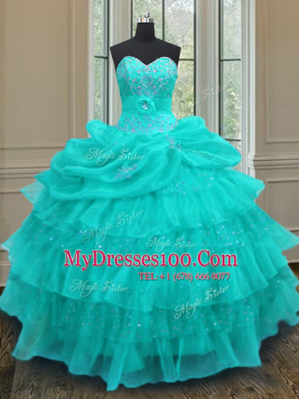 Floor Length Aqua Blue Quinceanera Dress Organza Sleeveless Beading and Ruffled Layers and Pick Ups