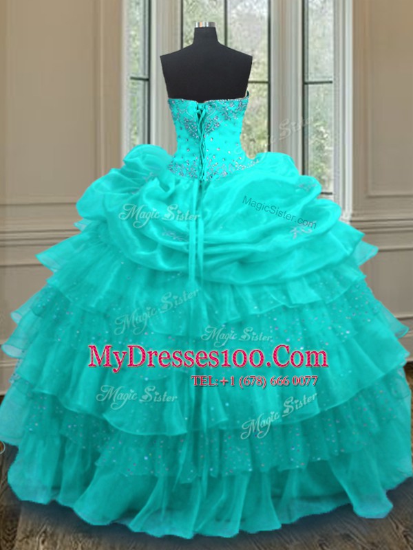 Floor Length Aqua Blue Quinceanera Dress Organza Sleeveless Beading and Ruffled Layers and Pick Ups