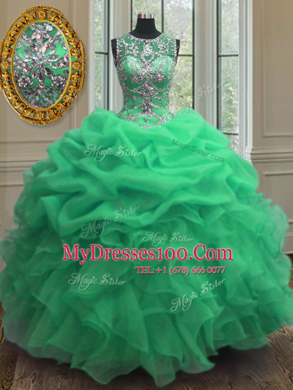 Scoop Green Sleeveless Floor Length Beading and Ruffles Lace Up Quinceanera Dresses