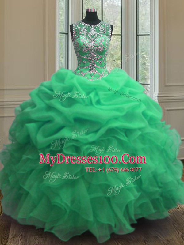 Scoop Green Sleeveless Floor Length Beading and Ruffles Lace Up Quinceanera Dresses