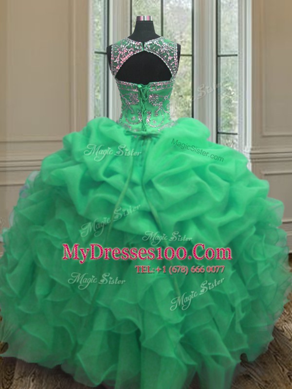 Scoop Green Sleeveless Floor Length Beading and Ruffles Lace Up Quinceanera Dresses