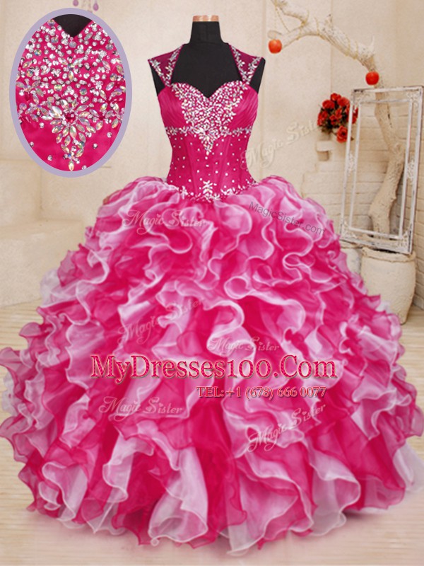 High Quality White And Red Organza Lace Up Vestidos de Quinceanera Sleeveless Floor Length Beading and Ruffles