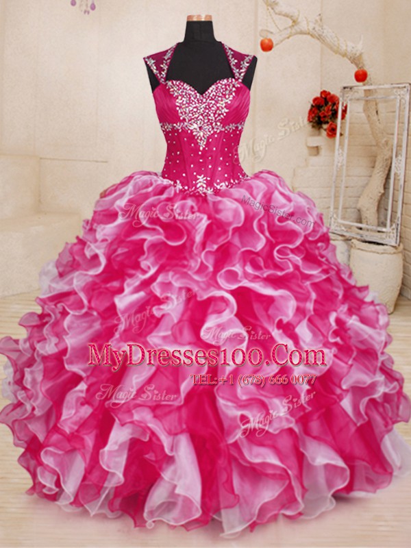 High Quality White And Red Organza Lace Up Vestidos de Quinceanera Sleeveless Floor Length Beading and Ruffles