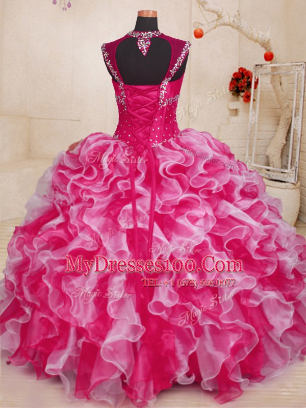 High Quality White And Red Organza Lace Up Vestidos de Quinceanera Sleeveless Floor Length Beading and Ruffles