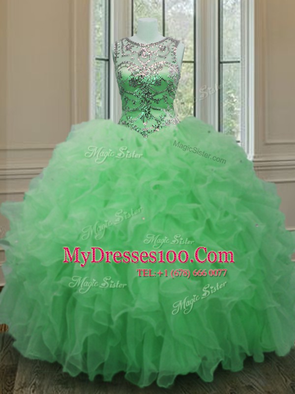High Class Scoop Sleeveless Lace Up Floor Length Beading and Ruffles Quinceanera Dress