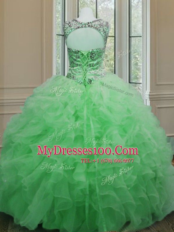 High Class Scoop Sleeveless Lace Up Floor Length Beading and Ruffles Quinceanera Dress