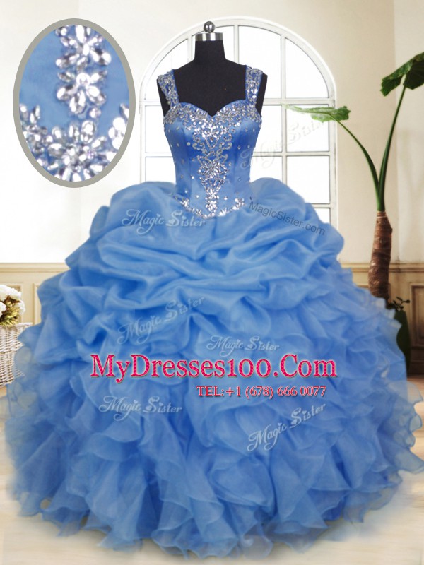 Wonderful Blue Sleeveless Floor Length Beading and Ruffles and Pick Ups Zipper Quinceanera Gown