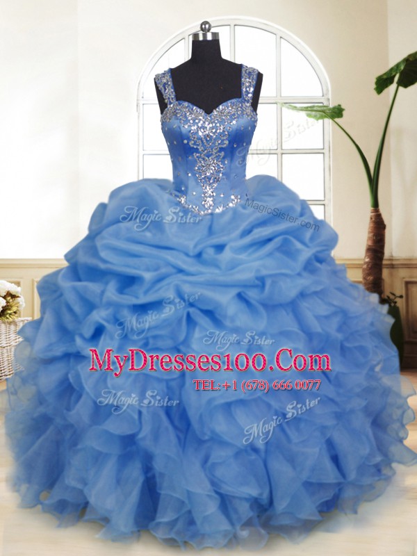 Wonderful Blue Sleeveless Floor Length Beading and Ruffles and Pick Ups Zipper Quinceanera Gown