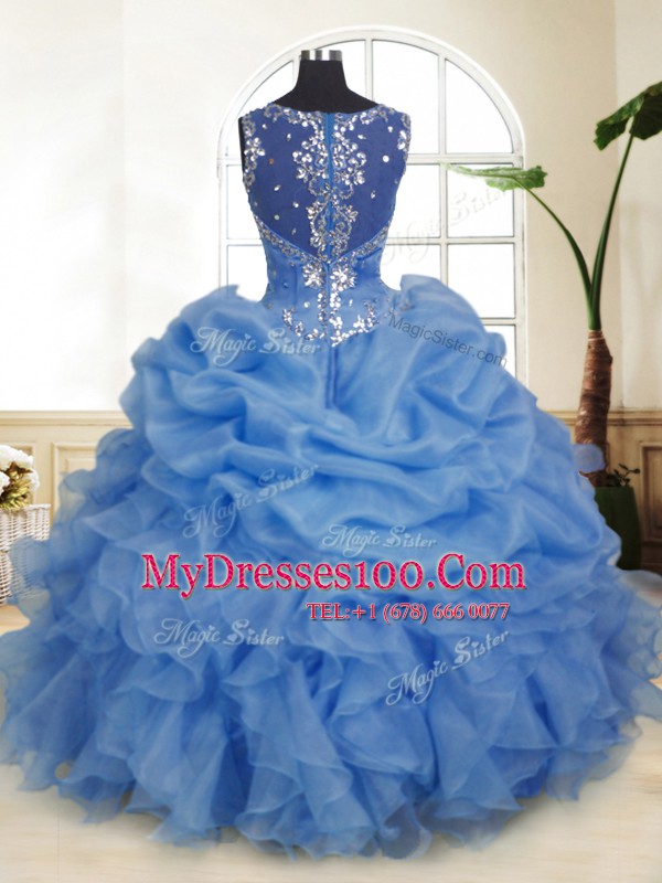 Wonderful Blue Sleeveless Floor Length Beading and Ruffles and Pick Ups Zipper Quinceanera Gown