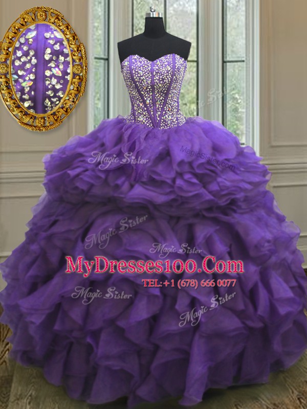 Unique Sleeveless Lace Up Floor Length Beading and Ruffles Ball Gown Prom Dress