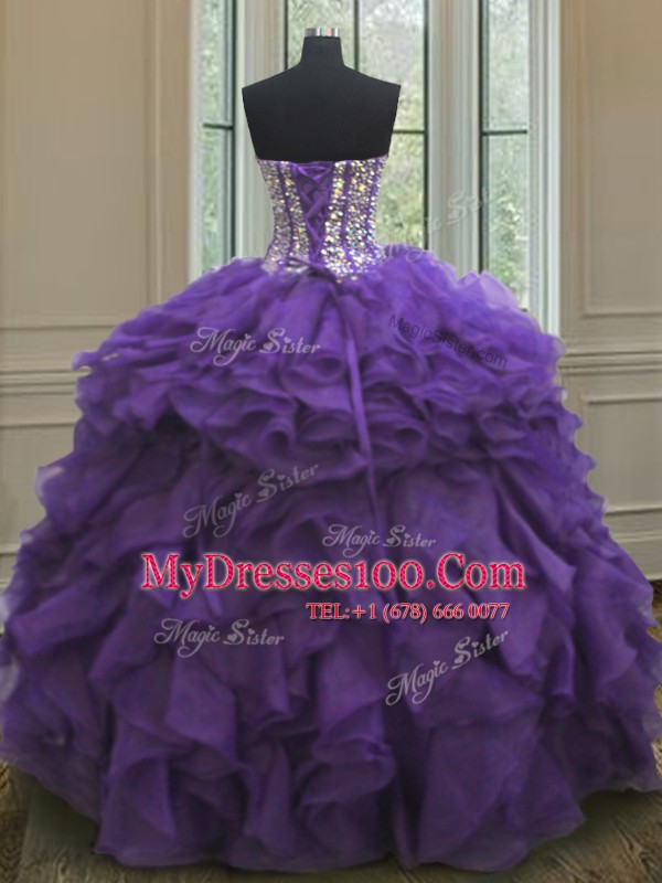 Unique Sleeveless Lace Up Floor Length Beading and Ruffles Ball Gown Prom Dress