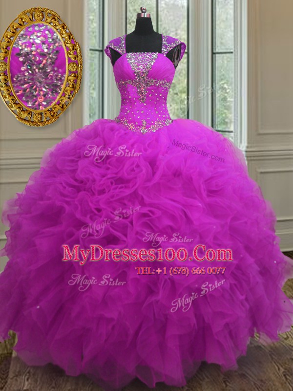 Straps Sequins Floor Length Ball Gowns Sleeveless Fuchsia Ball Gown Prom Dress Lace Up