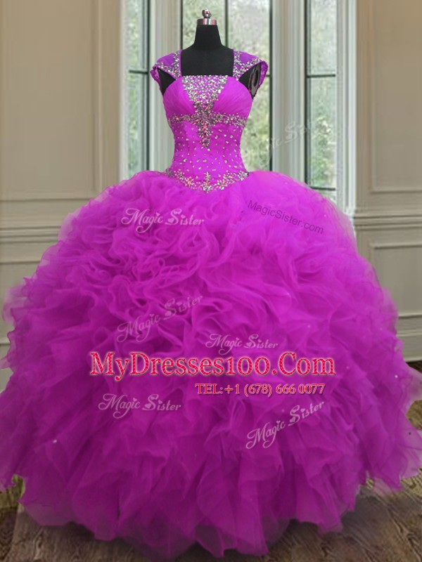 Straps Sequins Floor Length Ball Gowns Sleeveless Fuchsia Ball Gown Prom Dress Lace Up