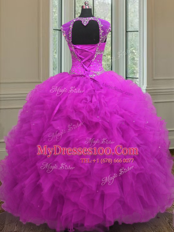 Straps Sequins Floor Length Ball Gowns Sleeveless Fuchsia Ball Gown Prom Dress Lace Up