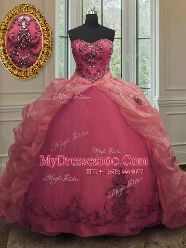 Amazing With Train Pink 15 Quinceanera Dress Organza Court Train Sleeveless Beading and Appliques and Pick Ups