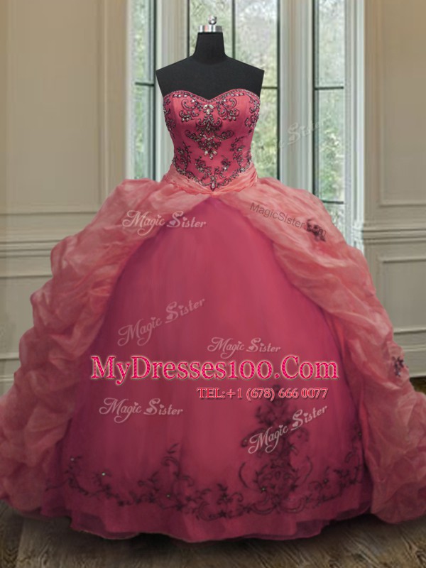 Amazing With Train Pink 15 Quinceanera Dress Organza Court Train Sleeveless Beading and Appliques and Pick Ups