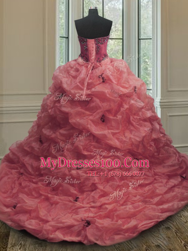 Amazing With Train Pink 15 Quinceanera Dress Organza Court Train Sleeveless Beading and Appliques and Pick Ups