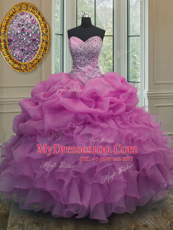Lilac Lace Up Sweetheart Beading and Ruffles and Pick Ups Sweet 16 Quinceanera Dress Organza Sleeveless
