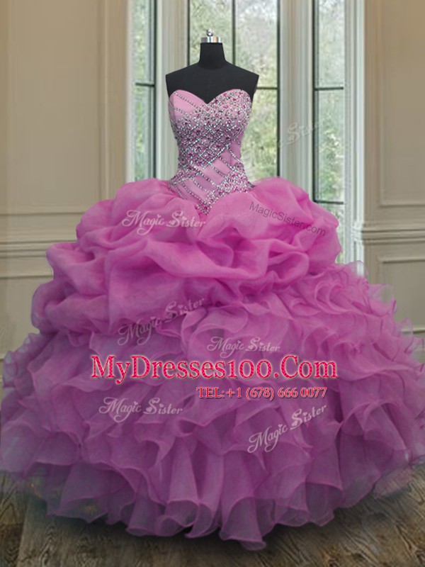 Lilac Lace Up Sweetheart Beading and Ruffles and Pick Ups Sweet 16 Quinceanera Dress Organza Sleeveless