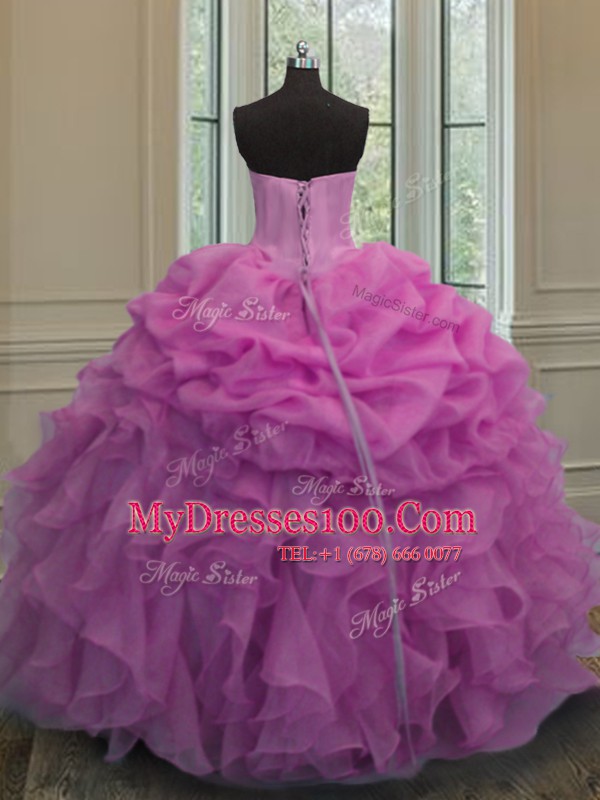 Lilac Lace Up Sweetheart Beading and Ruffles and Pick Ups Sweet 16 Quinceanera Dress Organza Sleeveless
