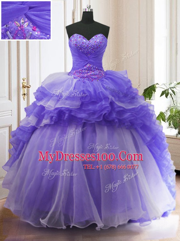 Custom Made Purple Sweetheart Lace Up Beading and Ruffled Layers Sweet 16 Dress Sweep Train Sleeveless