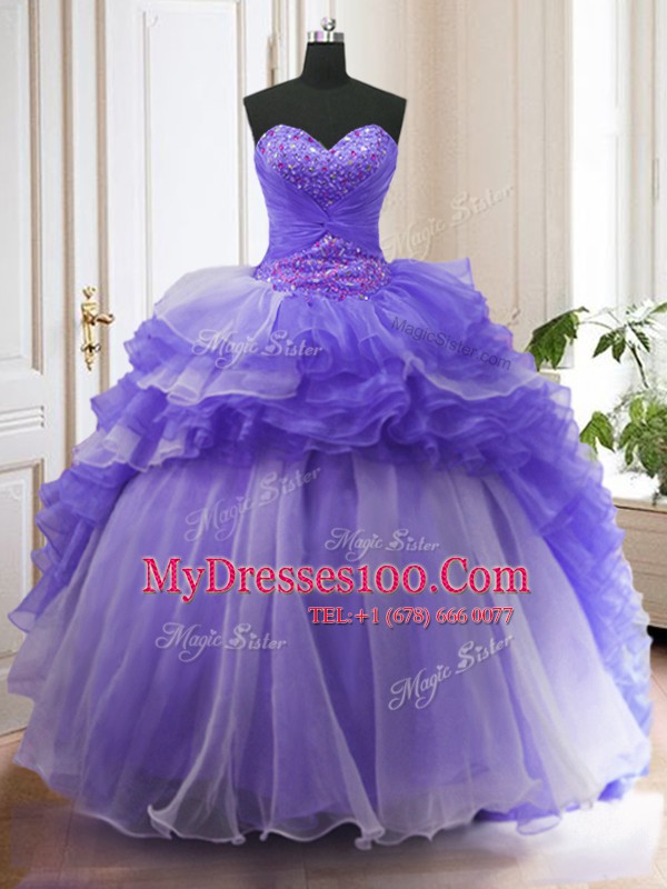 Custom Made Purple Sweetheart Lace Up Beading and Ruffled Layers Sweet 16 Dress Sweep Train Sleeveless