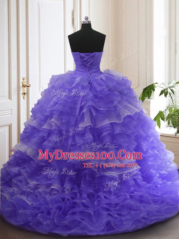 Custom Made Purple Sweetheart Lace Up Beading and Ruffled Layers Sweet 16 Dress Sweep Train Sleeveless