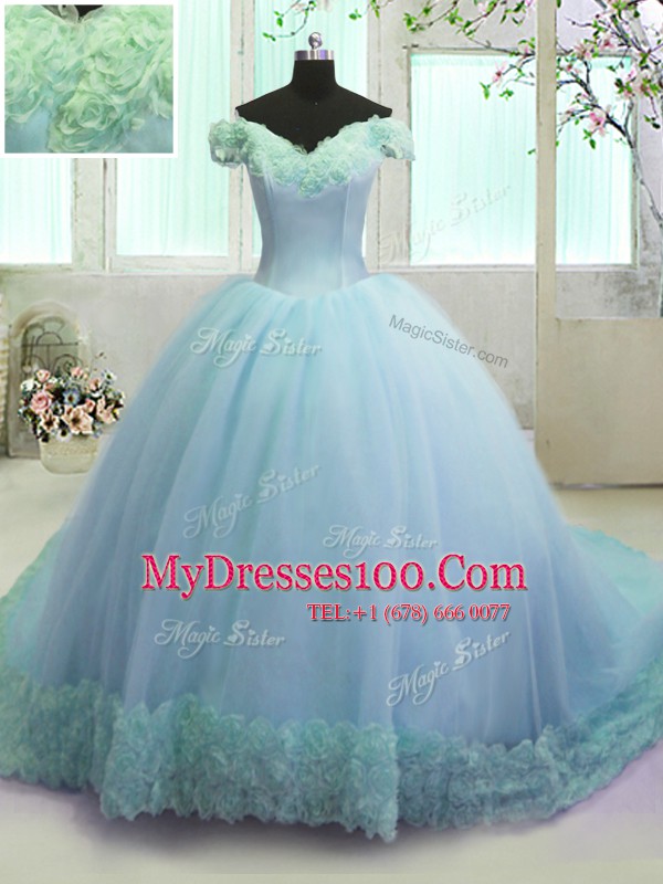 Edgy Off The Shoulder Sleeveless Ball Gown Prom Dress With Train Court Train Hand Made Flower Light Blue Organza