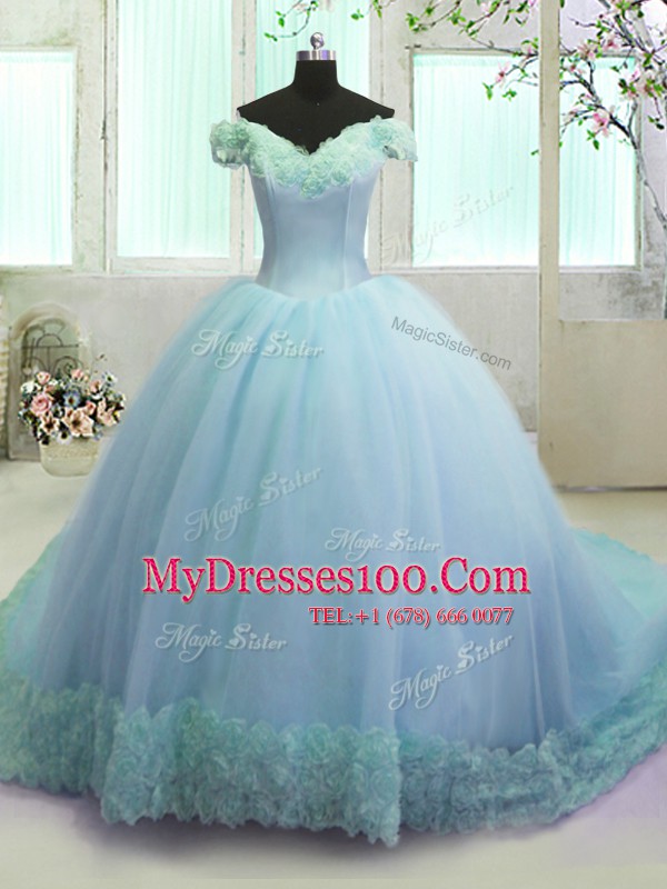 Edgy Off The Shoulder Sleeveless Ball Gown Prom Dress With Train Court Train Hand Made Flower Light Blue Organza