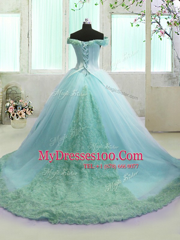 Edgy Off The Shoulder Sleeveless Ball Gown Prom Dress With Train Court Train Hand Made Flower Light Blue Organza