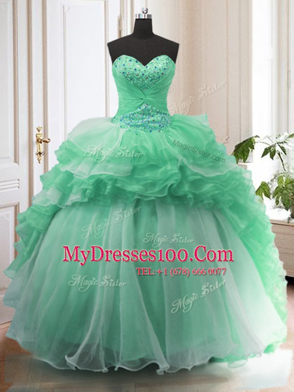 Sexy Organza Sweetheart Sleeveless Sweep Train Lace Up Beading Sweet 16 Dresses in Apple Green