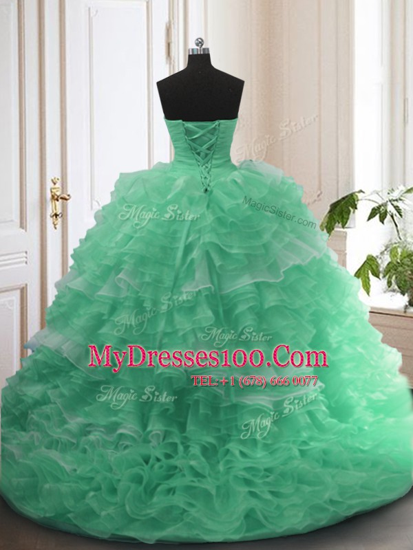 Sexy Organza Sweetheart Sleeveless Sweep Train Lace Up Beading Sweet 16 Dresses in Apple Green