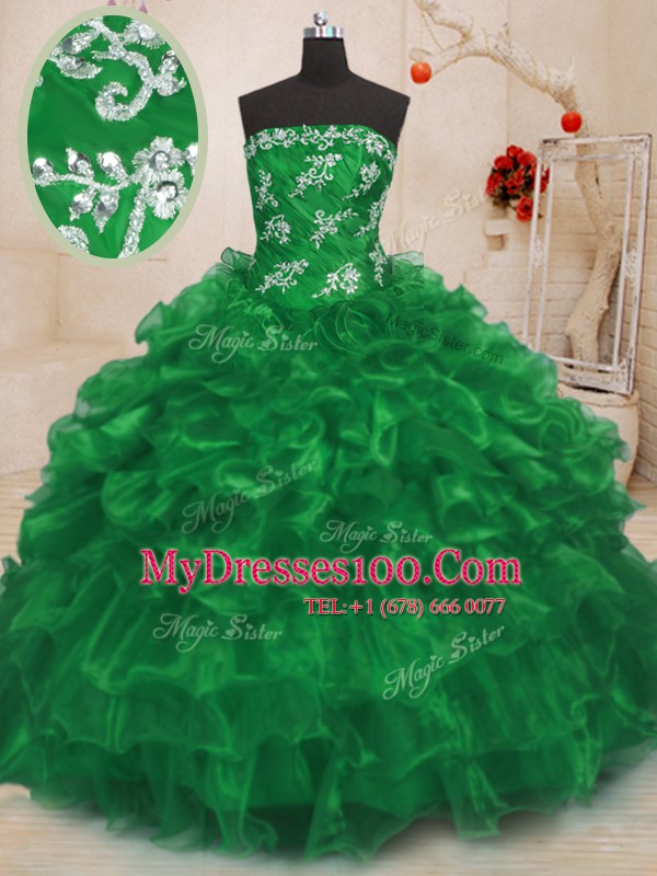 Sleeveless Organza Floor Length Lace Up Quinceanera Dress in Green with Beading and Appliques and Ruffles