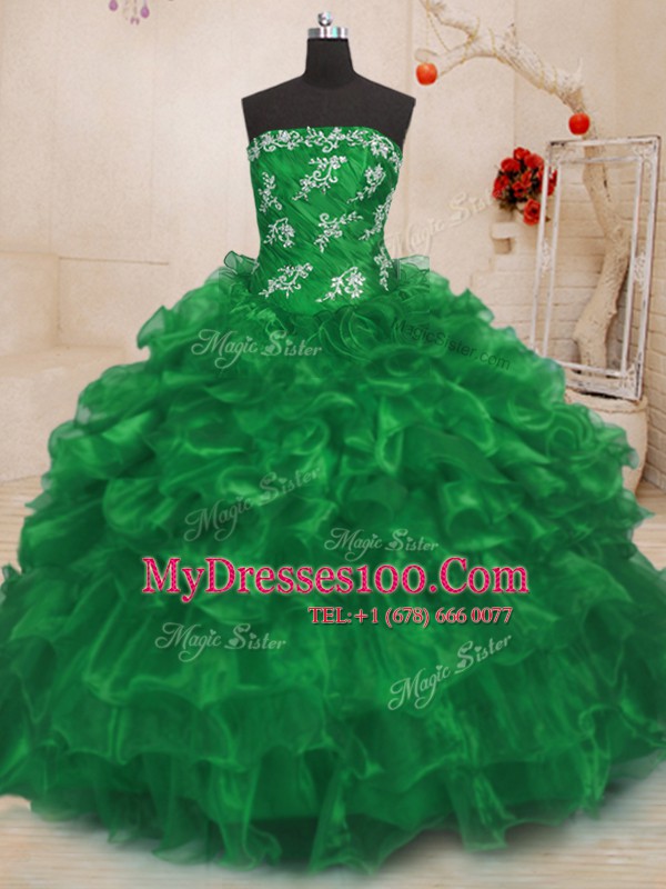 Sleeveless Organza Floor Length Lace Up Quinceanera Dress in Green with Beading and Appliques and Ruffles