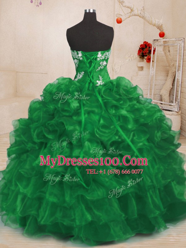 Sleeveless Organza Floor Length Lace Up Quinceanera Dress in Green with Beading and Appliques and Ruffles