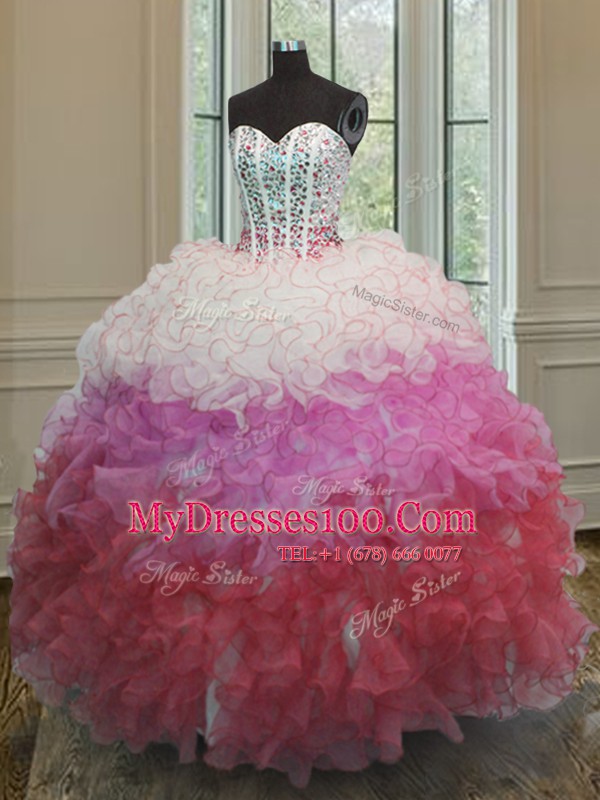 Modest Multi-color Sleeveless Beading and Ruffles and Sashes ribbons Floor Length Quinceanera Dresses